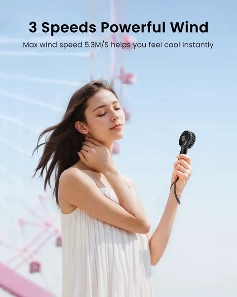 Woman using Mini Portable Handheld Fan With 3 Speeds USB Rechargeable Personal Fan For Makeup Eyelashes Camping Beach Travel Airplane Use Women Girls Ultra Compact Lightweight With Fast Charge And Long Battery Life outdoors