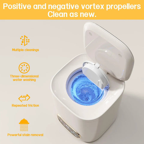 Portable Fully Automatic Washing Machine With LCD Touchscreen Auto Cycle One Click Operation No Sweat Cleanup For Dorms Apartments And RV Travel 9L Compact Washer showing vortex propellers and water washing.
