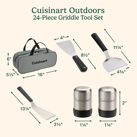 24 Piece Griddle Tool Set With Storage Tote Stainless Steel Flat Top Grill Accessories including spatula and shakers