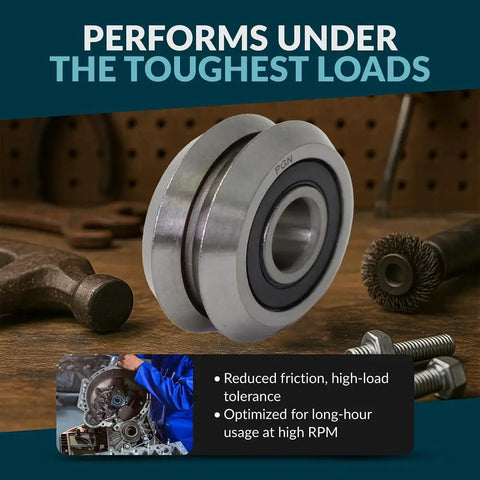 8 Pack Rubber Sealed V Groove Roller Ball Bearings 3/8 Inch RM2-2RS Chrome Steel on workbench with tools