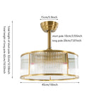 Vintage Industrial Caged Ceiling Fan Light Fixture with Remote,7-Blade Fan, gold and clear design, 18 inches wide, height adjustable.