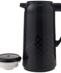 Premium Thermal Carafe With Vacuum Glass Liner 1 Liter Ichimatsu Black with open lid, showing durable build and checker pattern.