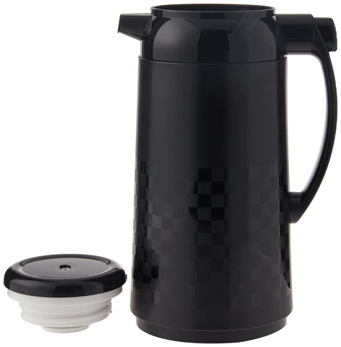 Premium Thermal Carafe With Vacuum Glass Liner 1 Liter Ichimatsu Black with open lid, showing durable build and checker pattern.
