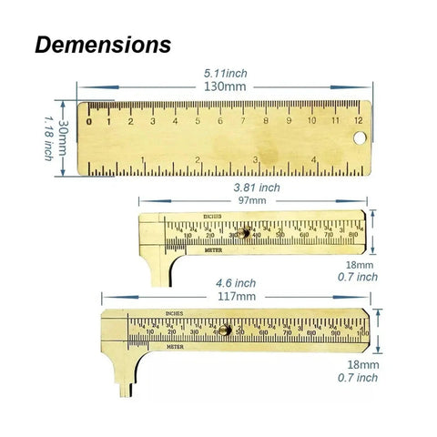 Dimensions of Solid Brass Digital Caliper High-Precision Mini Tool Crafts Jewelry displayed in inches and millimeters.
