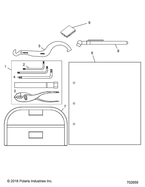 Accessory Tool Kit For Ranger Models OEM 2880974 Built Tough For Your UTV, includes various hand tools in diagram