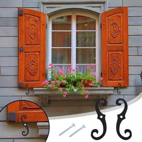 Top Shelf Black Shutter Dog Hardware 6 Pack Features 6.3 Inch Decorative Iron Window Shutter Fasteners displayed on a window.