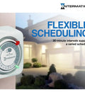 Close-up of Intermatic timer with home background, featuring flexible scheduling and 30-minute intervals for varied settings.