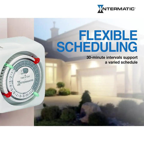 Close-up of Intermatic timer with home background, featuring flexible scheduling and 30-minute intervals for varied settings.