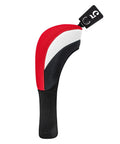 Red and black cover with number tag from Five Piece Golf Head Cover Set For Driver Fairways And Hybrids With Long Neck Mesh Interchangeable Tags.