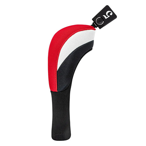 Red and black cover with number tag from Five Piece Golf Head Cover Set For Driver Fairways And Hybrids With Long Neck Mesh Interchangeable Tags.