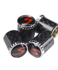 Porsche Dope Carbon Fiber Valve Stem Caps 4 Pack With Resin Red S Emblem Trim Rotates 360 Degrees for Porsche models
