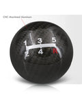 Premium Two Inch Round Ball Manual Shifter Knob With M10x1.5 Threads And Clean Carbon Black Trim Perfect For Five Speed Universal Mount Hot Rod Street Build Transmission Swaps showing gear shift pattern.