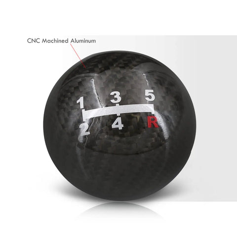 Premium Two Inch Round Ball Manual Shifter Knob With M10x1.5 Threads And Clean Carbon Black Trim Perfect For Five Speed Universal Mount Hot Rod Street Build Transmission Swaps showing gear shift pattern.