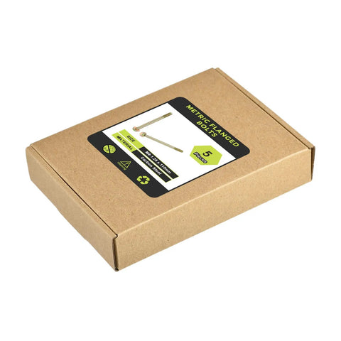 Top Shelf M8-1.25 Hex Flange Bolts Set Including Five Piece Zinc Plated Carbon Steel Fasteners With Partial Thread Design And Badass Grip Strength For Heavy Duty Garage Builds packaging box with label visible.