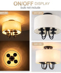 Dope Semi Flush Mount Ceiling Light Fixture With Off White Fabric Drum Shade Matte Black Canopy shown in on and off modes