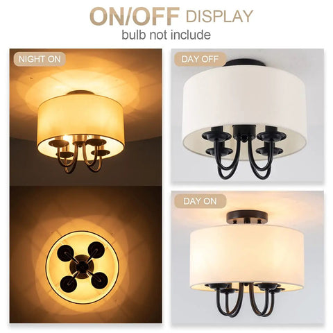 Dope Semi Flush Mount Ceiling Light Fixture With Off White Fabric Drum Shade Matte Black Canopy shown in on and off modes