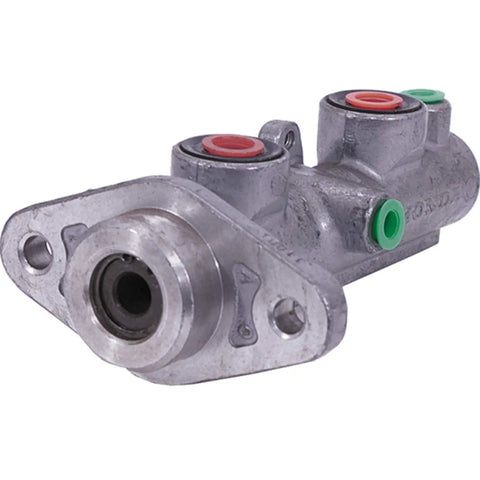 Remanufactured Brake Master Cylinder with seals, metallic finish, designed for plug-and-play install, precise fit for vehicles.