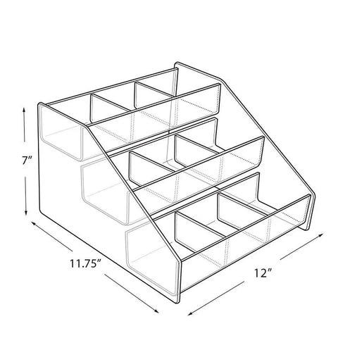 Three-Tier Counter Display With Nine-Compartment Step Design, White Metal, 12W X 11.75D X 7.125H, Easy Access Grab-and-Go Shelf Layout.