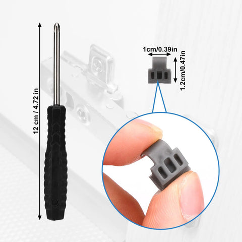 Close-up of 50 Piece 86 Degree Cabinet Hinge Restrictor Clips With Screwdriver showing clip dimensions and size.