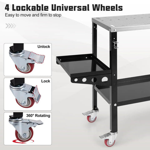 Welding Table 36 By 18 Inch With Wheels, 1200 Lbs Capacity, 8 Tool Slots, featuring lockable universal wheels and tool tray