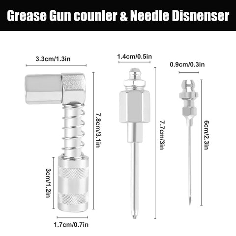 All In One Grease Gun Accessories Kit With 90 Degree Coupler, Needle Tips, Needle Dispenser for 1/8 Inch NPT Guns dimensions.