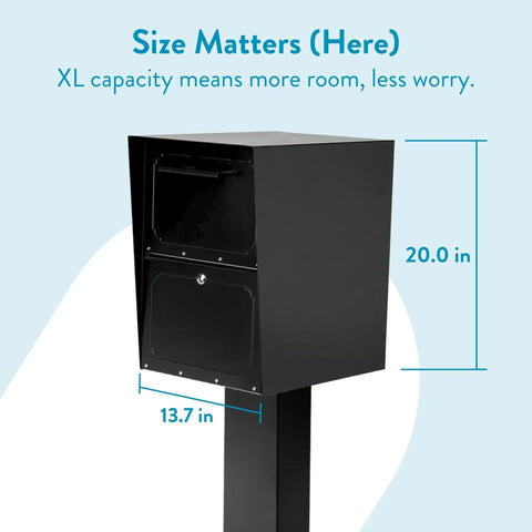 Heavy Duty Outdoor Package Drop Box With Locking Door In Black XL Steel, 18.5 x 20 x 13.5 Inches, mounted on post.