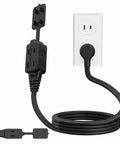 No Hassle Ultra Flat Extension Cord 4 Feet Packs 3 Polarized Outlets and Right Angle Plug showing connection to a wall outlet.