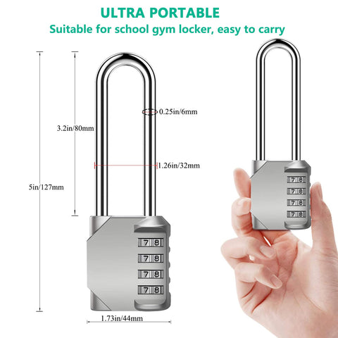 Five Inch Ultra Long Shackle Combination Padlock In Silver With A 3.2 Inch Shackle Durable Steel Lock With Side Window Secure Dial Combination Ideal For Luggage Lockers Gates And Storage 2 Pack, shown with hand for size reference.