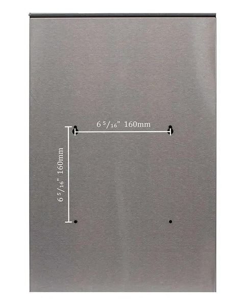 Back view of Heavy Duty Stainless Steel Wall Mount Mailbox With Lock, Glacial Elliptical Style, Matte Finish, mounting holes shown