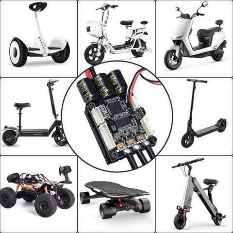 Electric Skateboard Speed Controller FSESC67 70A With Aluminum Anodized Heat Sink shown with various e-mobility vehicles.