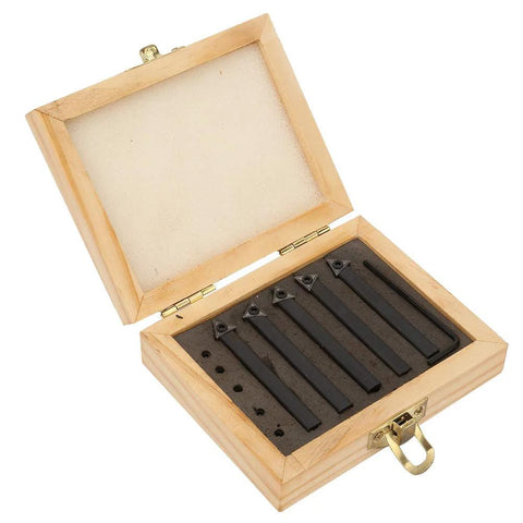 Amazon 5-pack 1/4in indexable carbide turning tool bits with cemented tungsten carbide inserts in a wooden box