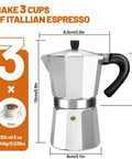 3 Cup Aluminum Espresso Stovetop Moka Pot Coffee Maker For Quick Espresso Percolator Style Italian Mocha Pot For Home And Camping 150ml 5oz Capacity Rich Aroma Every Brew front view with dimensions