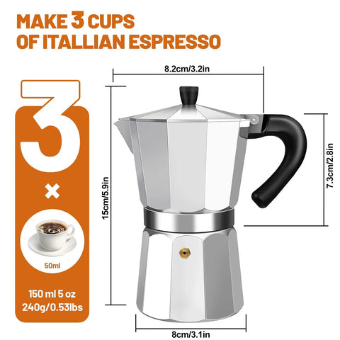 3 Cup Aluminum Espresso Stovetop Moka Pot Coffee Maker For Quick Espresso Percolator Style Italian Mocha Pot For Home And Camping 150ml 5oz Capacity Rich Aroma Every Brew front view with dimensions