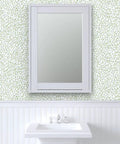 Killer Blue Green Modern Wallpaper With Hella Smooth Matte Linen Finish And Totally Eco Safe Build Built Damn Solid For Any Kitchen Bathroom Or Commercial Space Featuring Pro Level Paste To Paper Application And Fresh Room Refresh Vibe on wall behind a white mirror and sink setup.
