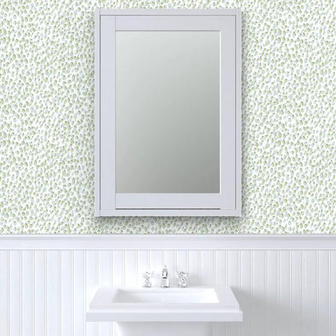 Killer Blue Green Modern Wallpaper With Hella Smooth Matte Linen Finish And Totally Eco Safe Build Built Damn Solid For Any Kitchen Bathroom Or Commercial Space Featuring Pro Level Paste To Paper Application And Fresh Room Refresh Vibe on wall behind a white mirror and sink setup.