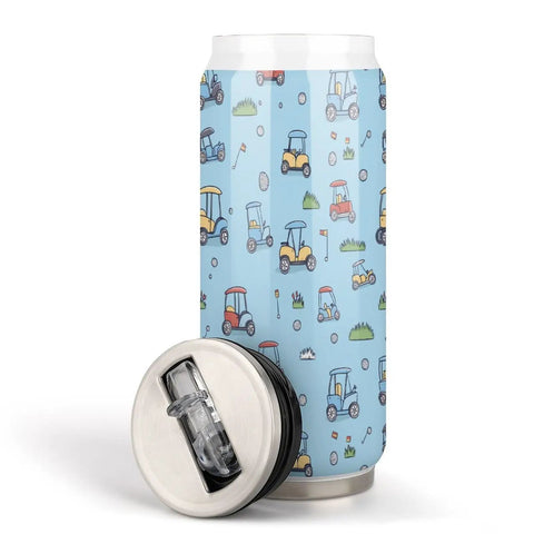 Boss Level 304 Stainless Steel Insulated Tumbler With Secure Straw Lid And Leak Proof Screw Cap, featuring golf cart design.