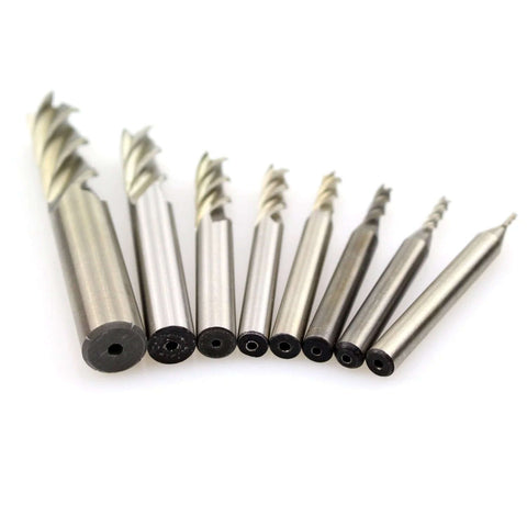 Amazon HSS 4-flute square-nose end mills set, 8 pieces with straight shanks; diameters 1/16-1/2 in
