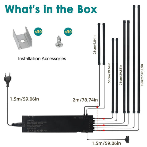 8 Pcs LED Recessed Light Kit Touch Control Dimmable 3000K Warm COB Strip Lighting installation accessories including clips and screws.