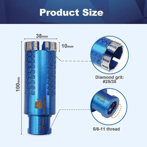1-1/2 Inch Laser Welded Diamond Core Drill Bit With 5/8-11 Thread For Granite Marble Stone Reinforced Concrete Dry Or Wet Drilling Plus Adapter Included shown with dimensions and details