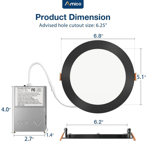 Dimensions of Twelve Pack Ultra Thin LED Recessed Ceiling Lights With J Box Five CCT Selectable, including diameter and depth.