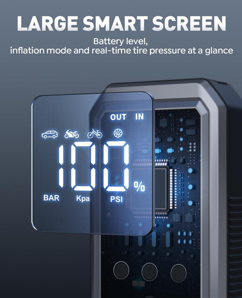 9 In 1 Jump Starter With Air Compressor 5500A 150 PSI Portable Car Battery Jump Starter showing smart screen display