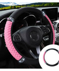 Dope Pink Rhinestone Bling Soft Leather Steering Wheel Cover For Cars 15 Inch, showcasing a quilted design and dashboard view.