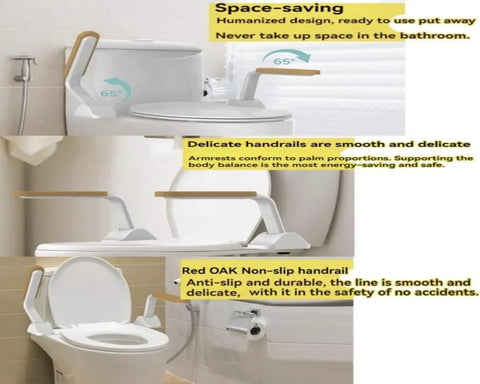 Heavy Duty Toilet Safety Rail For Seniors Featuring Slick Flip Up Wooden Armrest With Non Slip Grip And Rust Resistant Finish For Zero Sweat Bathroom Setup And Super Reliable Daily Support showing oak armrests and installation details.