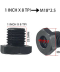 Front and side views of a black metal wood lathe chuck adapter, M18x2.5 to 1-8TPI, headstock spindle thread converter.