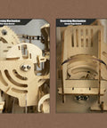 Close-up of reversing mechanism in 0.55 Inch Mechanical Marble Run Model And 3D Wooden Puzzle With Electric Motor For Adults, 1100 Plus Piece Sky City DIY Hands On Assemble Kit, Dynamic Kinetic Art STEM Toy For Builders And Makers.