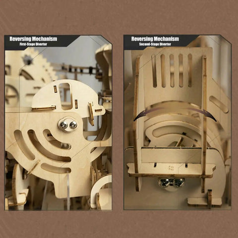 Close-up of reversing mechanism in 0.55 Inch Mechanical Marble Run Model And 3D Wooden Puzzle With Electric Motor For Adults, 1100 Plus Piece Sky City DIY Hands On Assemble Kit, Dynamic Kinetic Art STEM Toy For Builders And Makers.