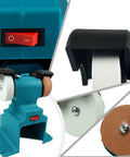 Close-up of LiebeWH 200W Cordless Mini Bench Grinder With Polishing Kit showing power switch and grinding wheels for metal polishing.