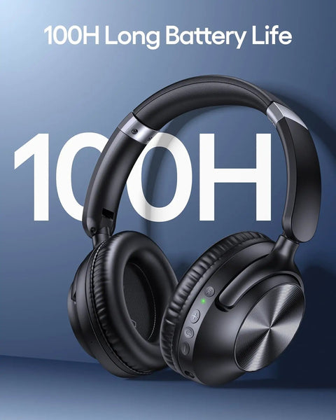 Hybrid Active Noise Cancelling Wireless Over Ear Headphones With 100 Hour Battery Life displayed against a blue background.