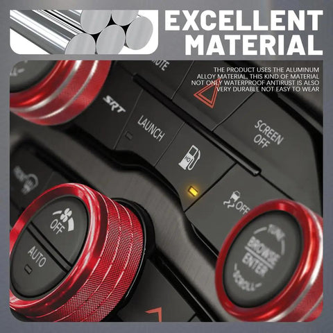 Close-up of Aluminum Alloy Climate Control Knob Covers Three Piece Button Switch Cover Set For Dodge Challenger Durango 2015 2022