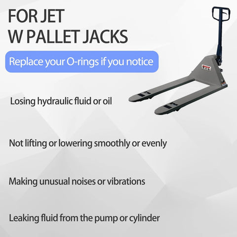 Image showing Jet W pallet jack with text about replacing O-rings if hydraulic issues occur, promoting Pro Grade O Ring Seal Kit.